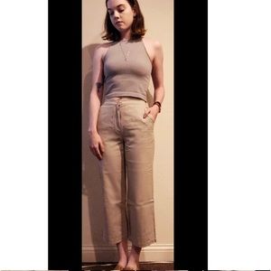Light tan, cropped linen pants.